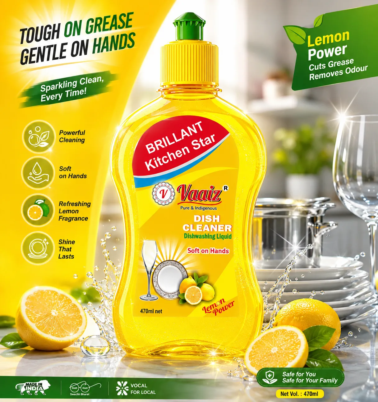 Vaaiz Dish Cleaner Liquid 470ml | Lemon Power Formula | Tough on Grease, Gentle on Hands | Removes Oil & Food Residue | Fresh Lemon Fragrance | Kitchen Utensil Cleaning Liquid