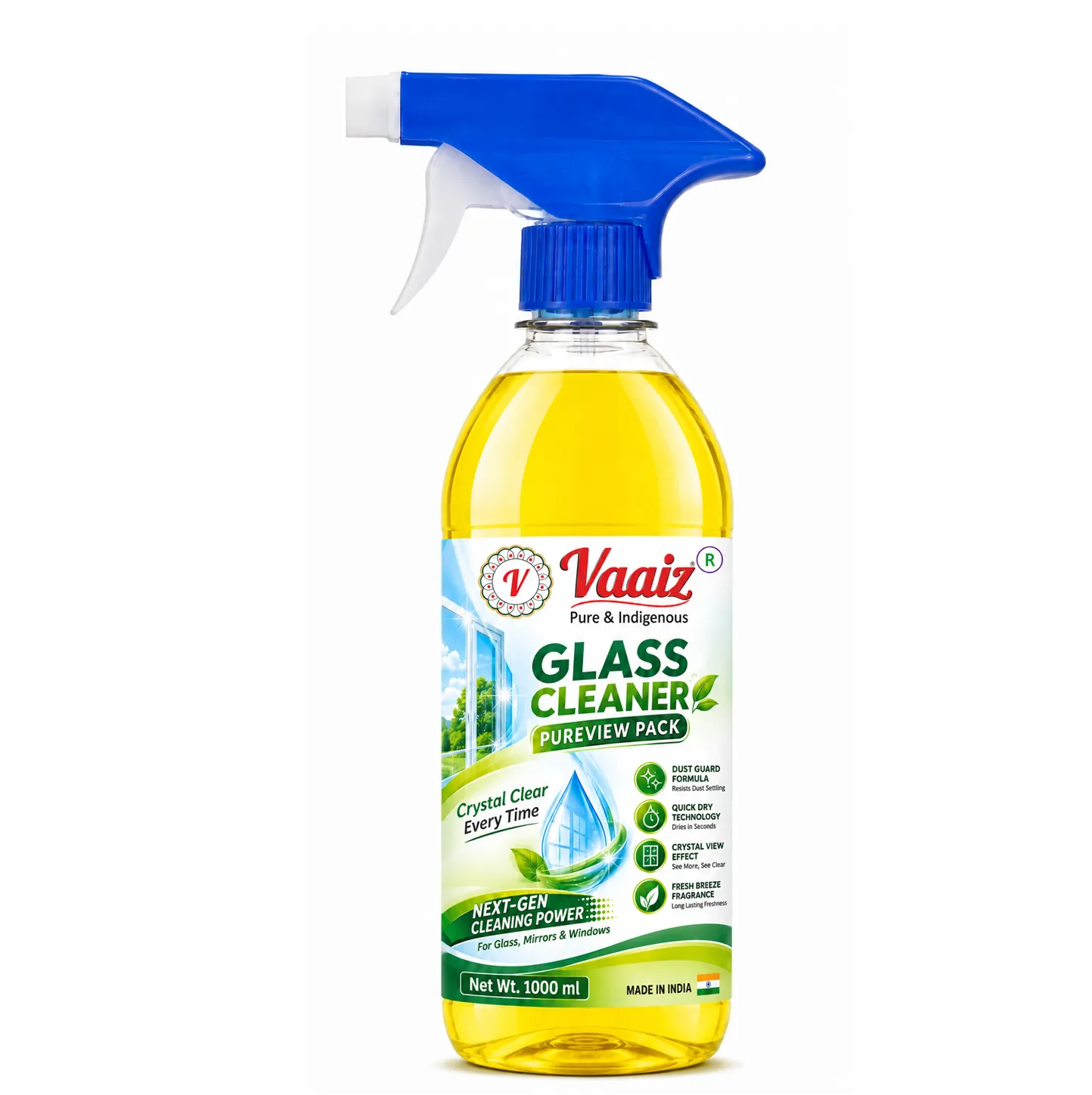 Vaaiz Glass Cleaner & Surface Cleaner with New Green Lemon Power and Green Lemon Fragrance (1000 ml)